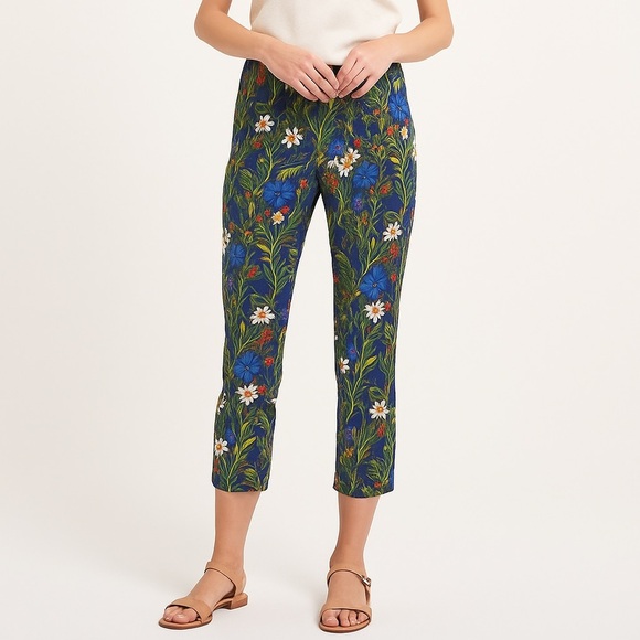J McLaughlin Botanical Floral Cropped Pants Navy Pull On Stretch Size 6 - Picture 1 of 10